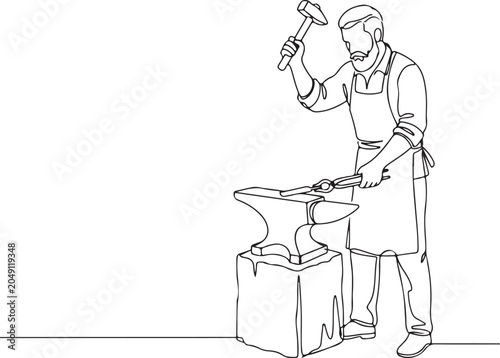 Blacksmith With Hammer At Anvil Line Drawing Illustration For Traditional Craftsmanship Outline Artwork
