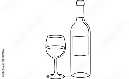 Bottle Of Wine And Wine Glass Line Drawing Illustration For Beverage Celebration Outline Art Design