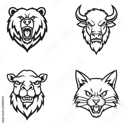 Canvas Print Four Aggressive Animal Mascot Logos Bear Bison Camel Wildcat Set