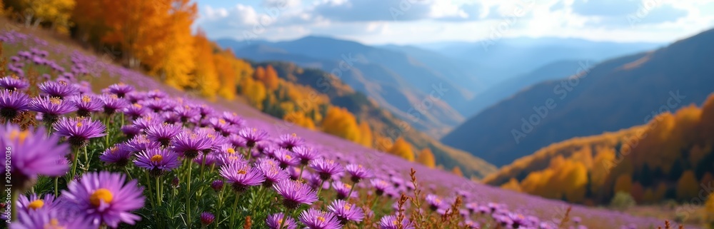Obraz premium Purple asters bloom on mountain slope with autumn trees. Scenic valley landscape with layered blue hills under sky. Nature scene shows fall colors.