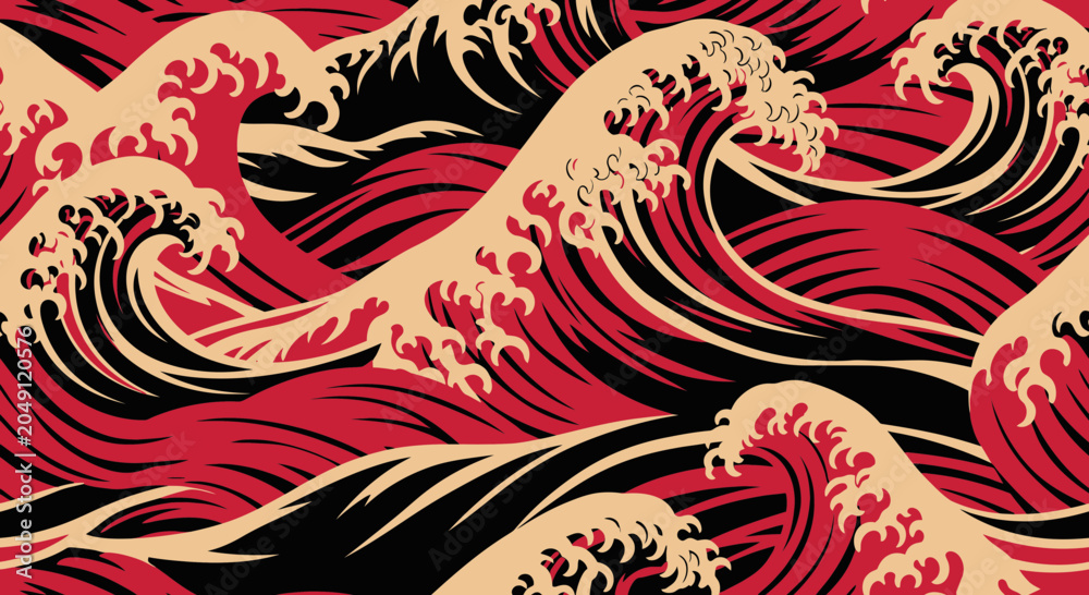 Fototapeta premium Japanese Wave Seamless Pattern in Red Black and Beige Creates Dynamic Asian Art Background for Vibrant Design Projects