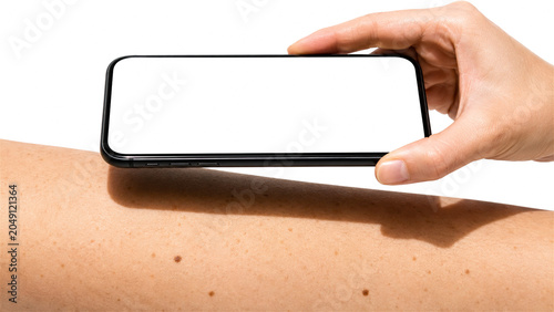 woman holding smartphone above skin with mole for dermatological screening. Telemedicine application for health checkup. Digital diagnostic tool for skin cancer exam and melanoma detection