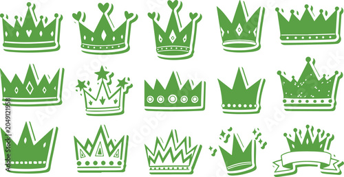 Cuadro en lienzo Set of green ornate crowns and tiaras for royalty and leadership design elements and graphic applications icons