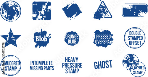 Foto Set of blue grunge stamp textures and ink splotches with text elements for distressed design effects