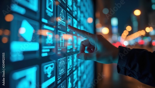 Hand touches glowing digital catalog with product icons. User browses online store screen choosing item. Tech interface on city background, innovation, future shopping.