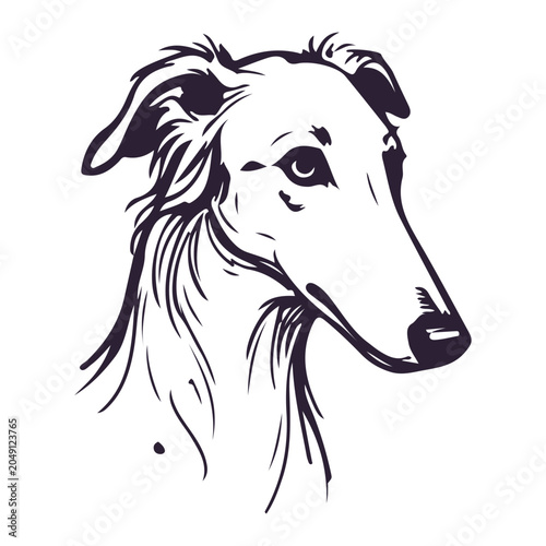 Elegant Borzoi dog head illustration in black and white