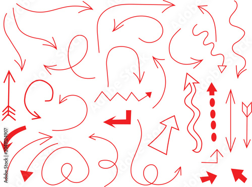 A collection of various red hand-drawn arrows, swirls, and doodle shapes isolated on a plain white background, for projects