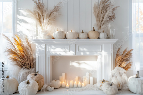 Elegant Autumn Mantel Decor with White Pumpkins and Pampas Grass