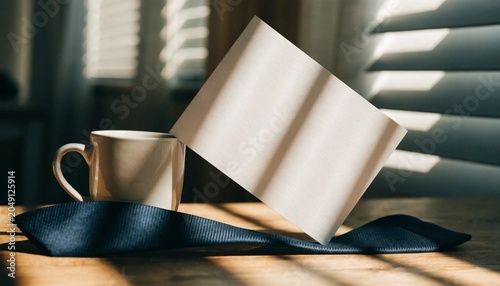 Blank greeting card leaning against a classic ceramic coffee mug and a stylish necktie, perfect Father's day mockup for celebrating paternal figures with a personalized message and morning gift.
