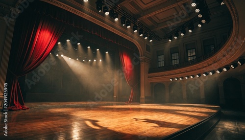 Grand empty theater stage with opulent red velvet curtains drawn back, revealing a polished wooden floor under professional spotlighting, perfectly prepared for a majestic ballet or opera show.