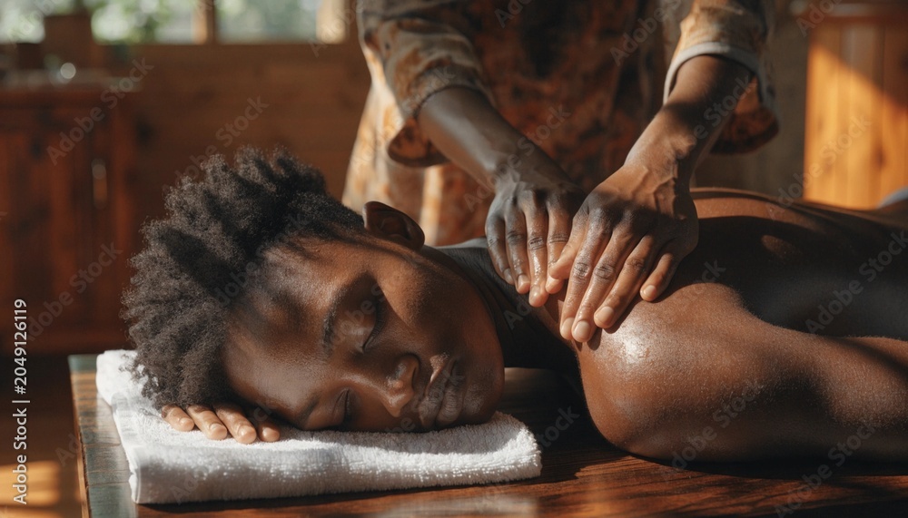 Obraz premium Close-up of a person receiving a therapeutic shoulder massage in a tranquil spa setting, promoting holistic health, wellness, and deep physical relaxation with high detail and realistic lighting.