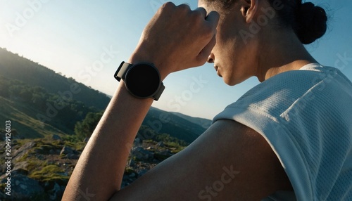 Close-up of a person looking at a completely blank generic smartwatch on their wrist while hiking outdoors in nature, showing a fitness mockup for wearable technology and activity tracking.