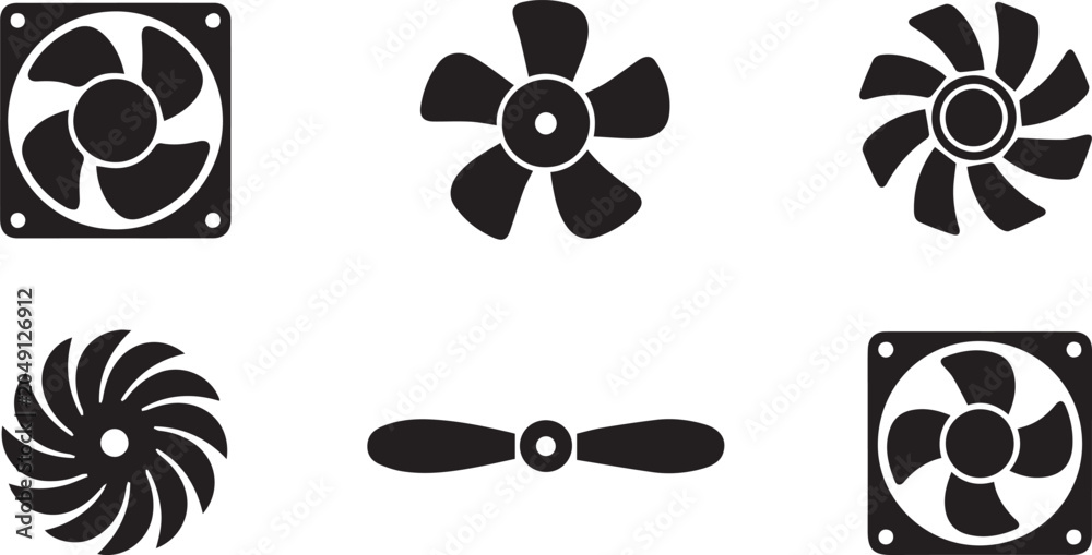 Fototapeta premium Cooling fan blades vector icon set, engine radiator and computer cooler fan mechanism silhouettes