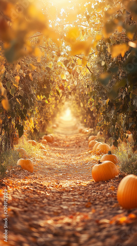 Pumpkin-Lined Autumn Path in Golden Sunlight