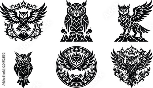 Tableau sur toile Collection of owl heraldic emblems and fantasy crest silhouettes featuring wisdo
