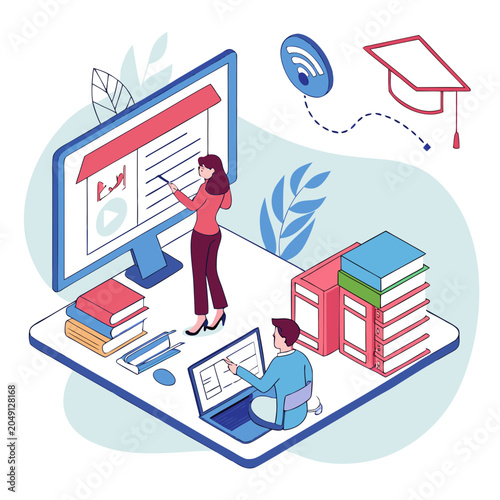 Online education e-learning isometric illustration with students education elearning students learning classroom