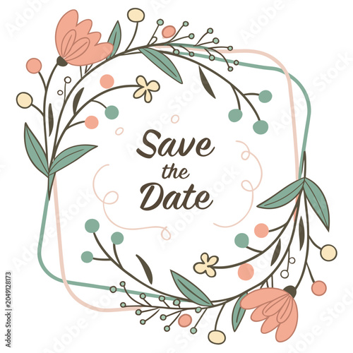 Save the date floral frame card design with hand drawn flowers and leaves savethedate invitation botanical greeting