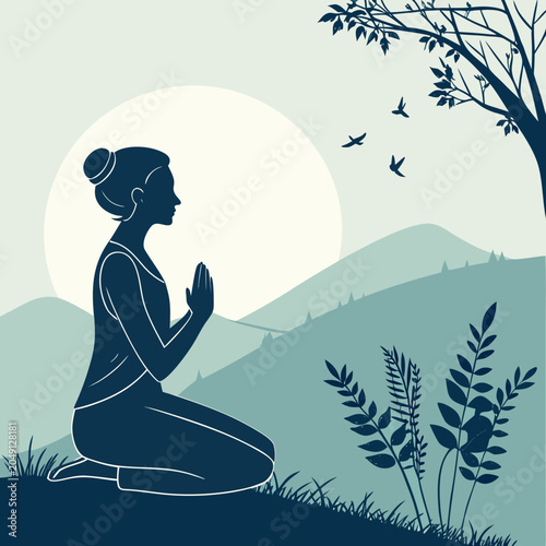 Woman meditating in nature at sunrise silhouette illustration for mindfulness with meditation mindfulness silhouette
