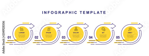 5 step circle infographic design with line and yellow colors suitable for workflow layout, business information and graphic presentation.