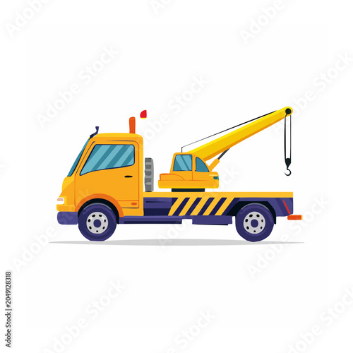 Yellow tow truck with crane and hook, flat design