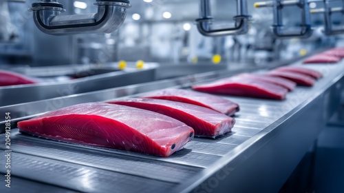 Fresh Tuna Fillets on Stainless Steel Conveyor for Quality Inspection Process