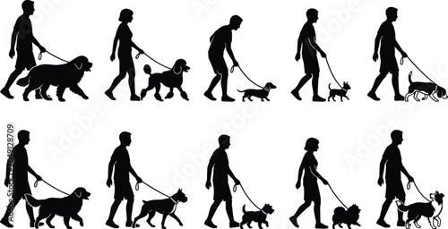 Quadro su tela Dog walking silhouettes collection featuring men women and various pet breeds on