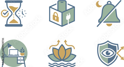 digital wellness balance icons set featuring focus mindfulness and screen time control elements on isolated background