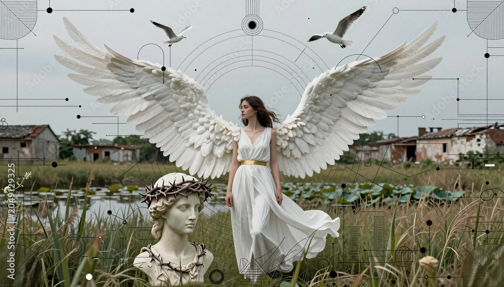 Obraz premium Angel with Wings in Serene Rural Landscape with Symbolic Elements