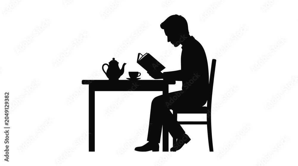 Fototapeta premium Man Reading Book At Table With Teapot Black Silhouette