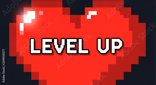 Pixelated red heart with level up text in glowing 8-bit video game style
