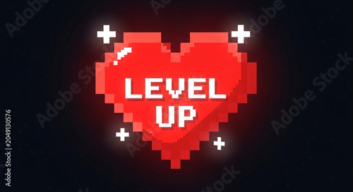 Pixelated red heart with level up text glowing on dark background in 8-bit style