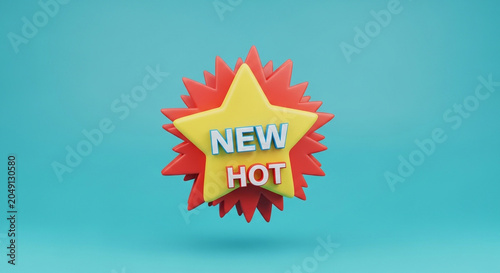 3D golden star badge with new hot label on bright blue gradient background