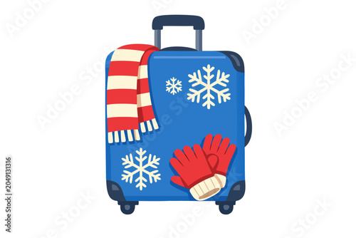 Blue winter suitcase with snowflakes, red striped scarf and gloves vector illustration, isolated on transparent background for holiday travel design
