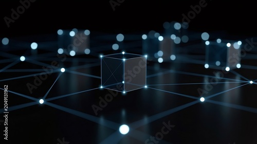 Glowing blue cubes link across a dark decentralized network, representing secure data exchange, blockchain connectivity, distributed computing and futuristic digital infrastructure