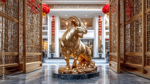 Golden Goat Sculpture Decorates Grand Entrance of Elegant Indoor Space