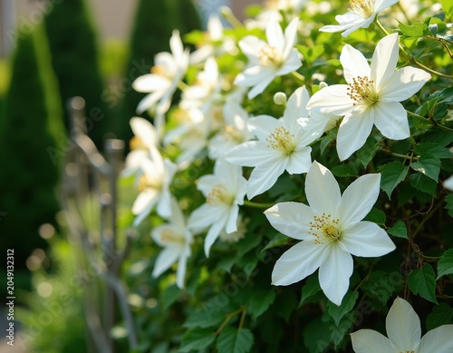 White clematis flowers bloom in a garden. Delicate petals and yellow stamens are visible on green leafy vine. Sunlight shines on blooming plant.