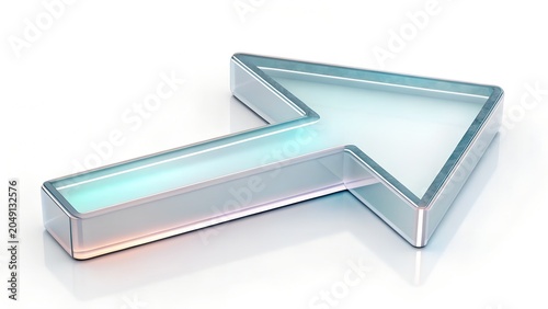 3D Glass Arrow Pointing Upwards on a Reflective White Surface
