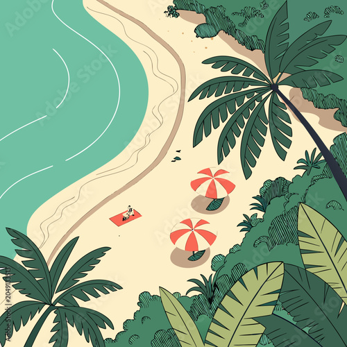 Fotografie Aerial view of a tropical beach resort with palm trees white sand sea waves and