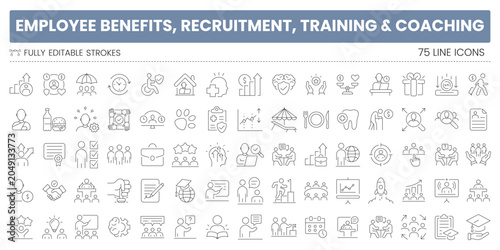 Fotografía Employee benefits, recruitment, training and coaching line icon set with hiring, workforce development, learning, leadership, human resources and management concepts