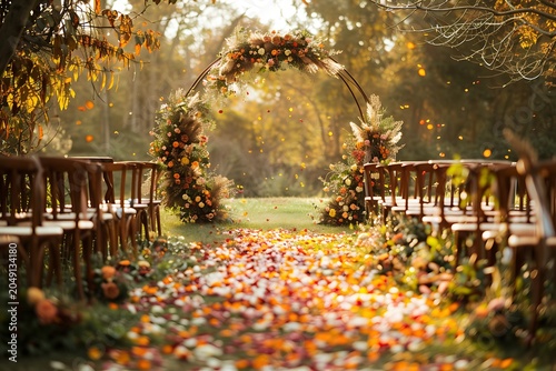 Autumn leaves carpeting a park pathway, sunlight filtering through trees