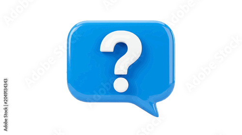 Vector illustration of 3d render of a blue glossy speech bubble icon with a white question mark on a transparent background