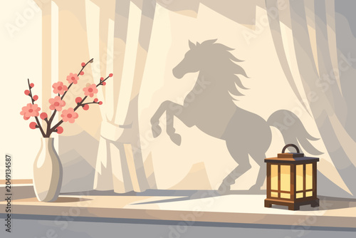 Sunlight shines through a window revealing a shadow of a horse along with a lantern and a vase with flowers