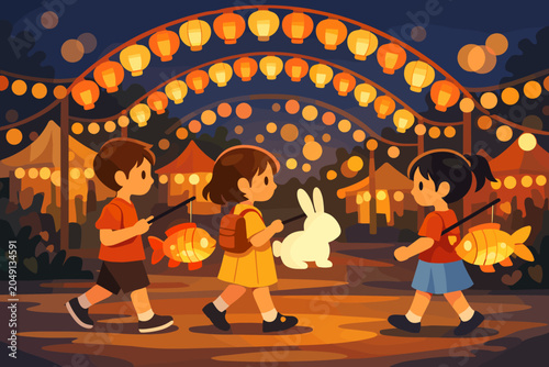 Children walk under lanterns at a festival with toy rabbits and fish in hands during the evening