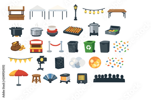Row of market stalls with cooking equipment, lights, tables, and decorations set up for an outdoor event