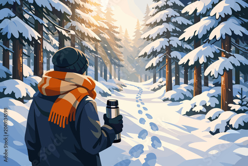 Hiker walks through snowy forest holding a thermos in late morning light