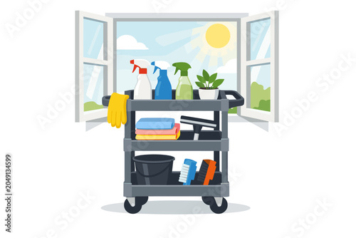 Cleaning supplies on a cart in front of an open window with sunlight during the day