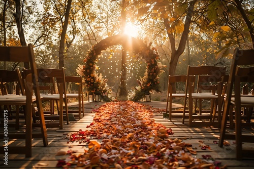 Autumn park pathway lined with colorful fallen leaves, benches, and trees