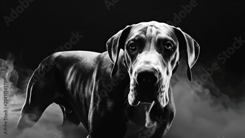 Dramatic black and white portrait of a muscular Great Dane dog emerging from a cloud of smoke, focused gaze