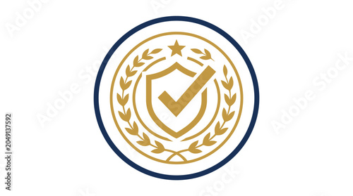 Cuadro en lienzo Gold Shield Emblem with Checkmark and Laurel Wreath