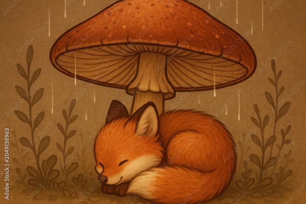 Naklejka premium Cozy fox under mushroom rain.